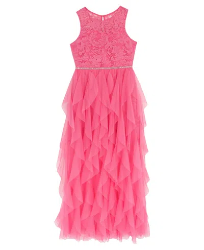 Rare Editions Girls 7-16 Glitter Lace Illusion Bow Dress In Pink