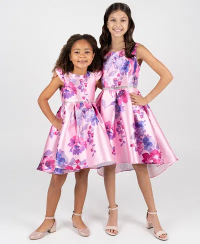 Rare Editions Girls 2t-6x Printed Mikado Hi-low Pleated Dress In Pink