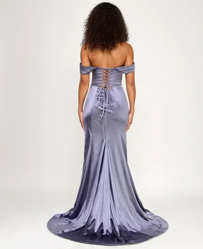 Emerald Sundae Juniors' Satin Off-the-shoulder Ball Gown In Blue