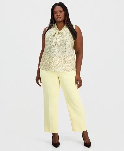 Kasper Plus Size Printed Sleeveless Tie-neck Blouse In Yellow