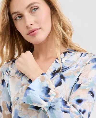 Anne Klein Women's Printed V-neck Split-cuff Blouse In Blue