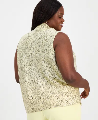 Kasper Plus Size Printed Sleeveless Tie-neck Blouse In Yellow