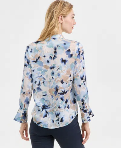 Anne Klein Women's Printed V-neck Split-cuff Blouse In Blue