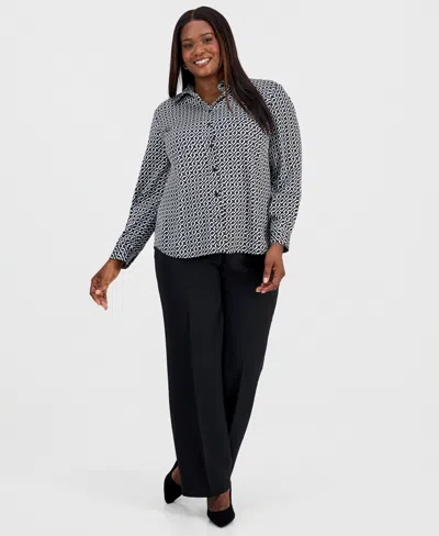Kasper Plus Size Printed Button-front Shirt In Black