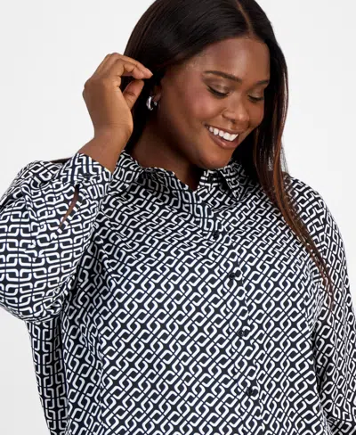 Kasper Plus Size Printed Button-front Shirt In Black