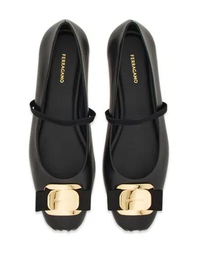 Ferragamo Zina Leather Bow Mary Jane Ballerina Flats In Black