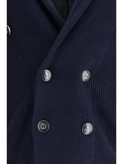 Brunello Cucinelli Double Breasted Ribbed Knit Button Cardigan In Blue