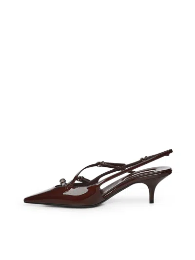 Miu Miu Leather Slingback Pump With Buckles In Brown