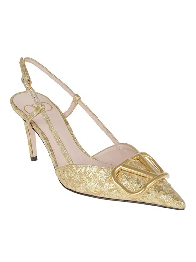 Valentino Sling Back Vlogo Signature T. 80 Tessuto Jacquard Cloque/a. Brass Logo In Gold