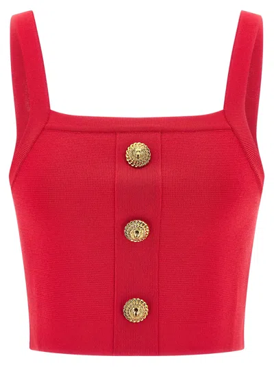 Balmain Ribbed Crop Top Gold Button Square Neckline In Red