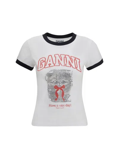 Ganni Women White Crewneck T-shirt With Maxi Print On The Front In Cotton Woman In Multi