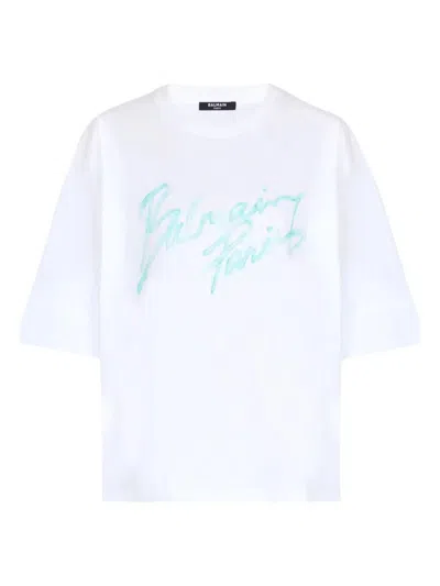 Balmain Brushstroke Paris Logo Graphic T-shirt In White