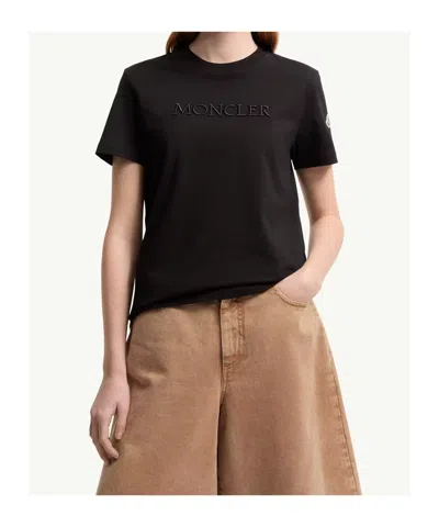 Moncler Embroidered Tonal Logo Cotton T-shirt In Black