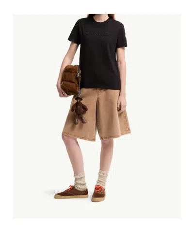 Moncler Embroidered Tonal Logo Cotton T-shirt In Black
