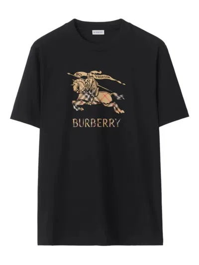 Burberry Men Black Crewneck T-shirt With Ekd And Logo Lettering Embroidery On The Front In Cotton Ma In Black