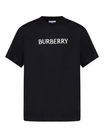 Burberry Men Black Crewneck T-shirt With Logo Lettering On The Front In Cotton Man In Black