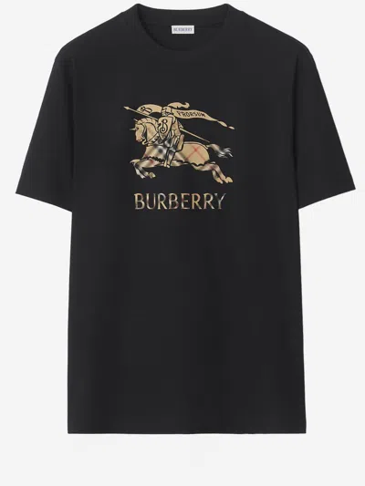 Burberry Men Black Crewneck T-shirt With Ekd And Logo Lettering Embroidery On The Front In Cotton Ma In Black