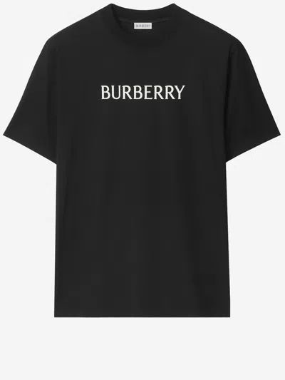 Burberry Men Black Crewneck T-shirt With Logo Lettering On The Front In Cotton Man In Black