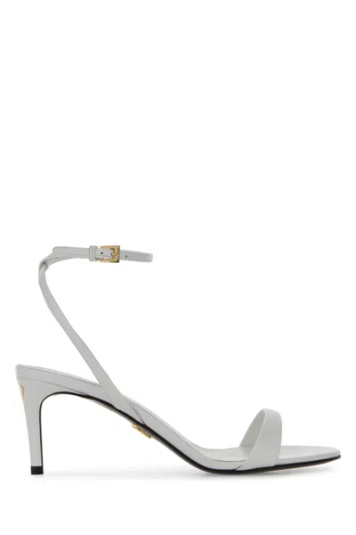 Prada Leather Ankle Strap Sandals Open Toe Heel In Metallic