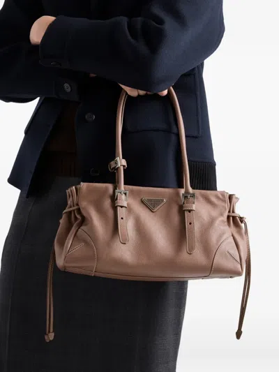 Prada Leather Logo Tote Bag In Brown