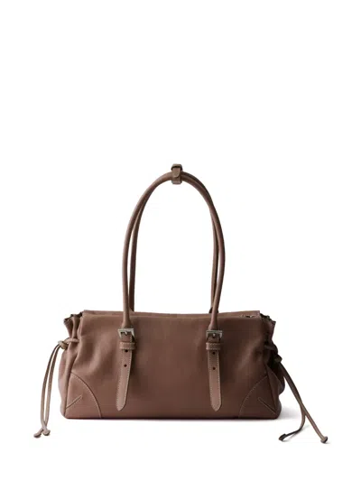 Prada Leather Logo Tote Bag In Brown