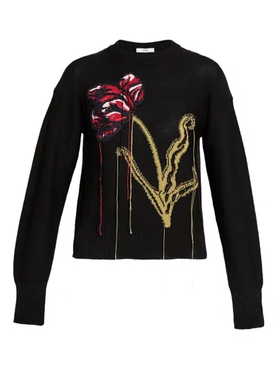 Erdem Floral-intarsia Crew-neck Sweater In Black