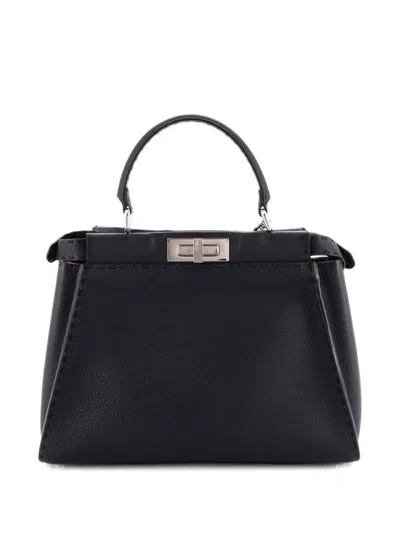 Pre-owned Fendi Selleria Peekaboo Bag Rigid Leather Regular Satchel In Black