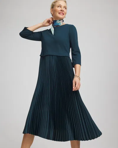Chico's Satin-knit Pleated Midi Dress In Teal Shadow