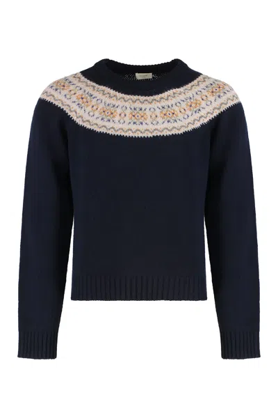 Celine Crew Neck Sweater In Fair Isle Wool Triomphe In Black