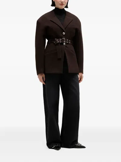 Ganni Womens Demitasse Belted Single-breasted Wool-blend Jacket In Brown