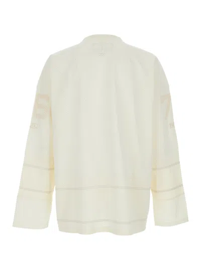 Erl White Long-sleeve T-shirt With V Neck And Maxi Logo On The Front In Tech Fabric Man In Multi