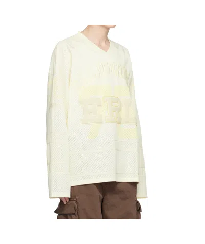 Erl White Long-sleeve T-shirt With V Neck And Maxi Logo On The Front In Tech Fabric Man In Multi