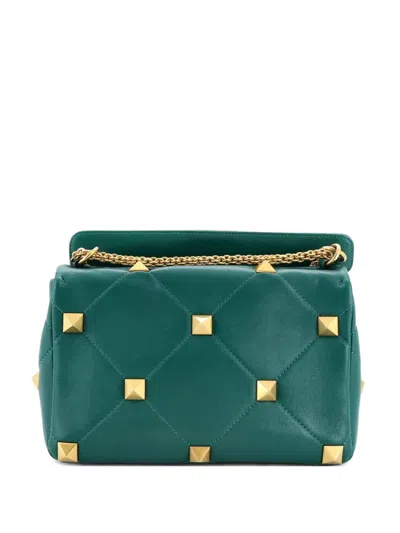 Pre-owned Valentino Garavani Roman Stud Flap Bag Quilted Leather Large Crossbody Bag In Green