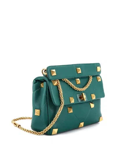 Pre-owned Valentino Garavani Roman Stud Flap Bag Quilted Leather Large Crossbody Bag In Green