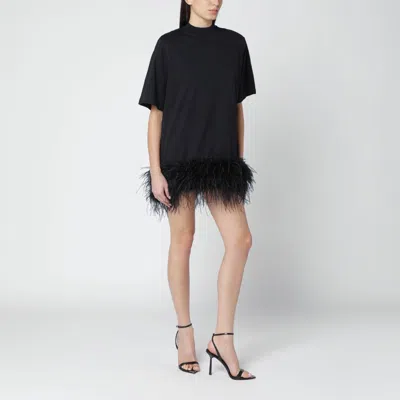 Attico Mini Dress Feather Trim Round Neckline In Black