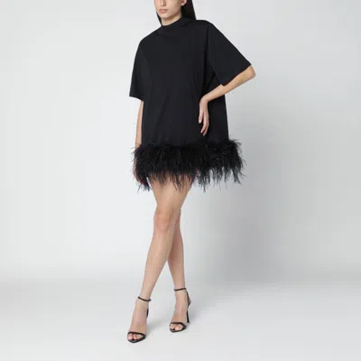 Attico Mini Dress Feather Trim Round Neckline In Black