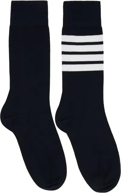 Thom Browne Navy Cotton 4-bar Mid Calf Socks In Blue