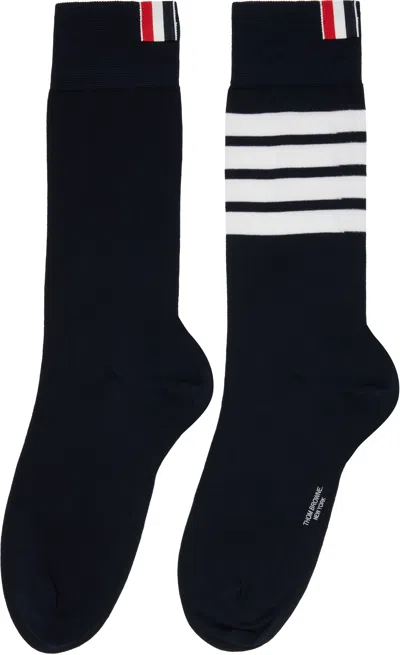 Thom Browne Navy Cotton 4-bar Mid Calf Socks In Blue