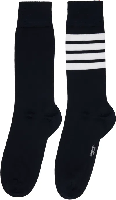 Thom Browne Navy Cotton 4-bar Mid Calf Socks In Blue