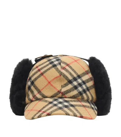 Burberry Check Wool Hat Ear Flaps Fur Trim In Sand