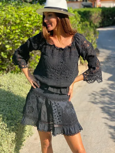 Temptation Positano Embroidered Top/skirt Set In Dark Navy In Gray