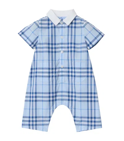 Burberry Cotton Check Collared Playsuit In Blue