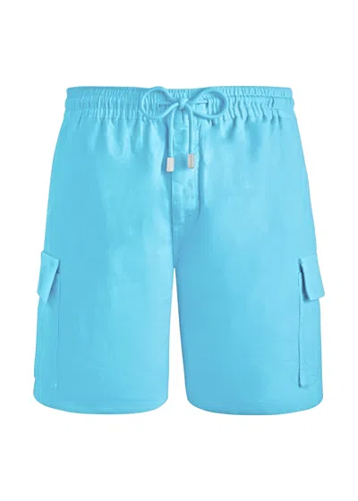 Vilebrequin Men Linen Bermuda Shorts Cargo Pockets In Santorini Blue