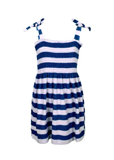 Shade Critters Navy Stripe Girls Terry Smocked Tie Top Dress In Blue