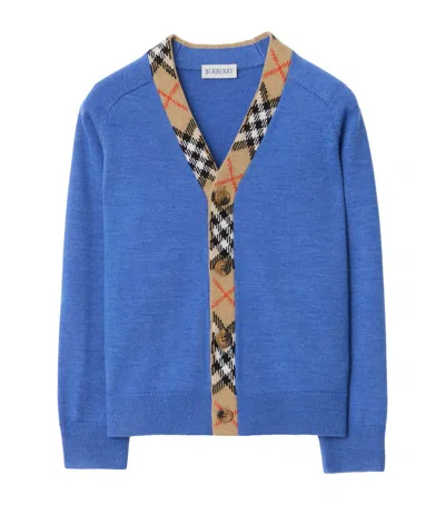 Burberry Check Trim Wool Cardigan In Blue