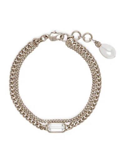 Alexander Mcqueen Crystal-embellishment Skull Bracelet In Silver