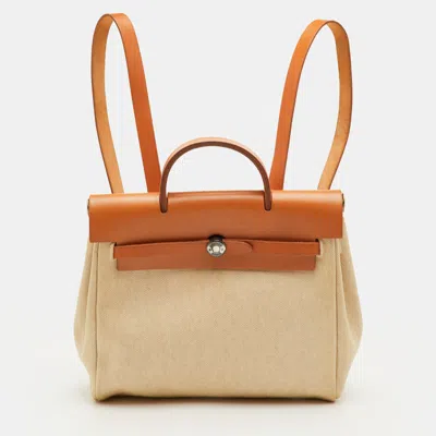 Pre-owned Hermes Hermès Ecru/natural Toile Canvas And Vache Leather Herbag 2-in-1 Backpack In Sand