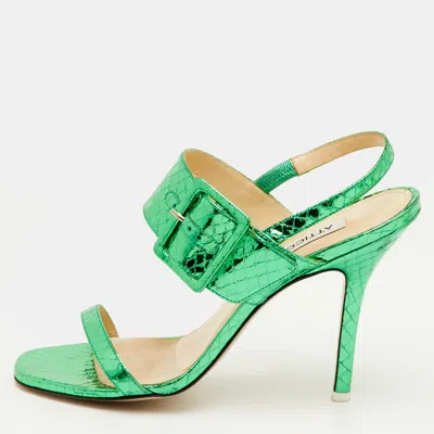 Pre-owned Attico Mariah Size 40 Metallic Green Python Embossed Leather Ankle Strap Sandals