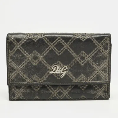 Pre-owned D & G Logo Stitched Grey Leather Trifold Wallet In Gray