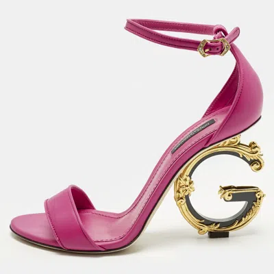 Pre-owned Dolce & Gabbana Keira Dg Baroque Size 38 Pink Leather Ankle Strap Sandals